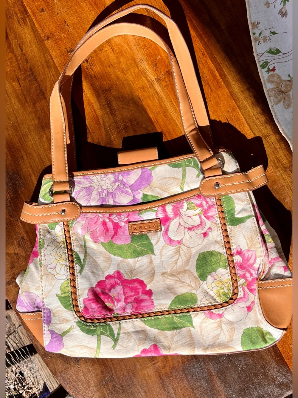 Relic Floral Canvas small tote in Pink, Purple & Green with Tan Trim
